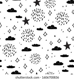 magic tale seamless pattern abstract  sky clouds rain and stars, simple Nature doodle lines scandinavian style background. Nursery decor trend of the season Black isolated on white. Vector