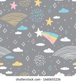 magic tale seamless pattern abstract scales, rain, sky clouds stars, simple Nature doodle lines scandinavian style. Nursery decor trend of the season white yellow pink on gray background. Vector