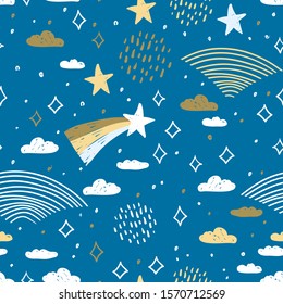 magic tale seamless pattern rainbow abstract scales, sky clouds and stars, simple Nature doodle lines scandinavian style background. Nursery decor trend of the season blue white yellow mustard. Vector