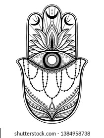 Magic Talisman hamsa religion Asian. Black color graphic in white background .Tattoo motif. Vector illustration