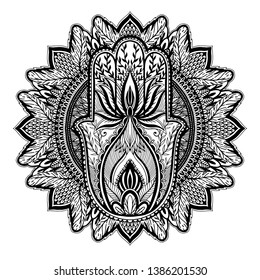 Magic Talisman hamsa religion Asian mandala. Black color graphic in white background .Tattoo motif. Vector illustration