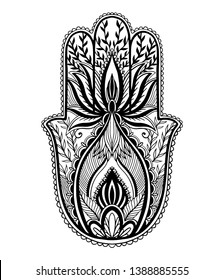 Magic Talisman hamsa religion Asian. Black color graphic in white background .Tattoo motif. Vector illustration