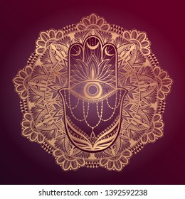 Magic Talisman hamsa religion Asian mandala. Gold color graphic in red background .Tattoo motif.Vector illustration