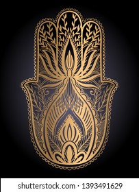 Magic Talisman hamsa religion Asian. gold color graphic in black background .Tattoo motif. Vector illustration