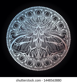 Magic Talisman religion Asian. Black color graphic in white background. Butterfly moth mandala illustration .Tattoo motif.