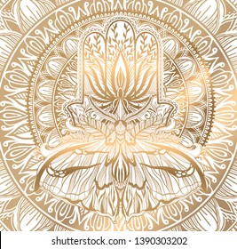 Magic Talisman religion Asian. Gold color graphic in white background. Butterfly moth mandala illustration .Tattoo motif.