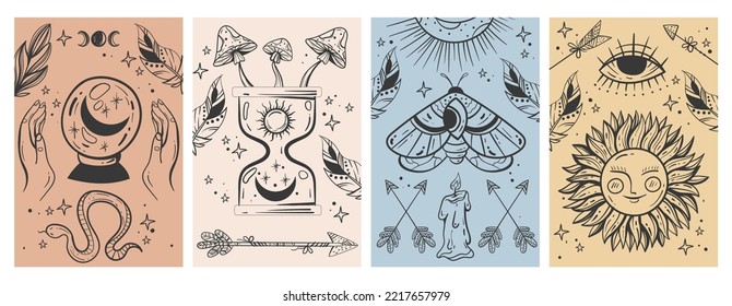 Magic tarot art boho style mystic cover poster cards concept. Graphic design element vector illustration set