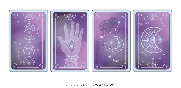 Magic tarot card covers, esoteric decoration with moon phases, magic hand, constellation and moon on mystical background. vector hand drawn illustrations.