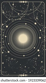 Magic tarot card, night celestial background with stars. Frame for astrology, witchcraft, predictions. A new star is born. Vector hand drawn illustration.