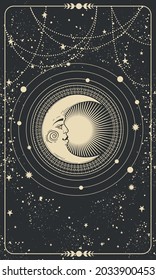 Magic Tarot card, night sky background with stars and crescent moon on black background. Frame for astrology, witchcraft, predictions. Vector illustration.