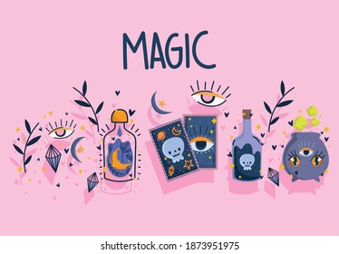 magic tarot card potion spell bottle cauldron design vector illustration