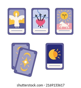 Magic tarot cards, cartoon style. Fortune-telling and prediction, art for witch, astrology. Trendy modern vector illustration isolated on white background, hand drawn, flat design.