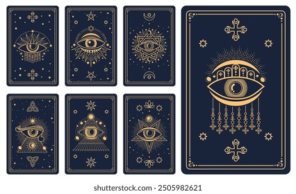 Magic tarot cards with esoteric symbols for reverse decks, vector mystic signs. Tarot cards backgrounds with magic symbols of sun, moon and star with eye in mason pyramid and pentacle in golden line