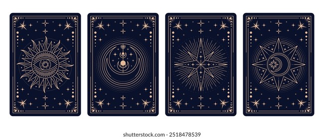 Tarjetas mágicas de tarot, marcos ocultos esotéricos místicos muestran patrones intrincados y símbolos ocultos como estrellas, sol, luna creciente, ojo. Vector de cartas sobrenaturales espirituales para la astrología y el misticismo