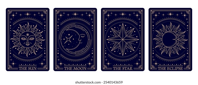 Las cartas mágicas del tarot, los marcos ocultos esotéricos místicos muestran patrones intrincados y símbolos ocultos como estrellas, sol y luna creciente. Vector de cartas sobrenaturales espirituales para astrología y adivinación