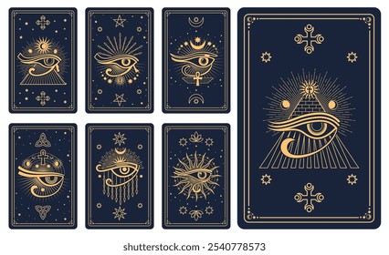 Tarjetas mágicas de tarot con símbolos místicos, esotéricos, ocultos y de astrología en marcos celestiales de línea de Vector. Tarjetas espirituales del tarot con el patrón geométrico del oro, la luna, el ojo de Horus y los símbolos del ankh