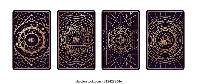 Magic tarot cards set with wheel of fortune and eye esoteric design. Vector illustration. Astrology or sacred geometry poster print. Occult pattern, mystic luxury boho style.