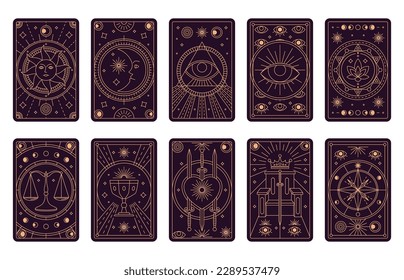 Magische Tarot-Karten. Karten mit verschiedenen mystischen Symbolen. Divination und Astrologie mithilfe von Karten, Wissen über die Zukunft. Vektorgrafik