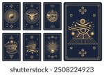 Magic tarot cards vector collection features mystical symbolic elements like the all-seeing eye, moon phases, skulls and esoteric symbols. Witchcraft, enigmatic tool for divination and introspection