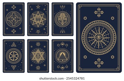 Tarjetas mágicas del tarot en marcos de la línea del Vector con el patrón místico de la luna, del sol, de las estrellas. Tarjetas de tarot esotérico, astrología y espiritual con símbolos celestiales, ocultos y alquimistas, hexagrama, ojo de la providencia