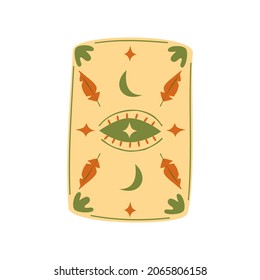 Magic tarot cards in vintage style with mystical symbols. Magic occult cards. Mystical divination cards with an eye, feathers and stars. Cozy vector illustrations in flat hand drawn cartoon style.