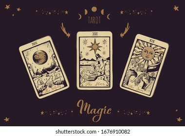 Magic Tarot deck vector background with major arcana: the moon, star, sun. Occult and fortune telling concept. Vector hand drawn vintage style