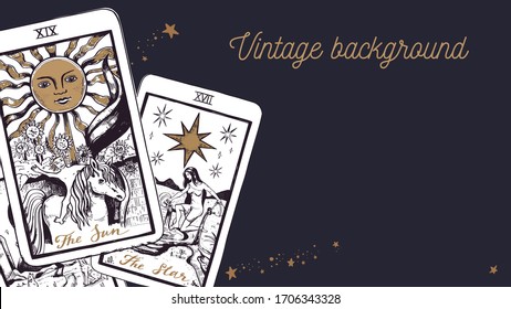 Magic Tarot deck vector background with major arcana: the moon, star, sun. Occult and fortune telling concept. Vector hand drawn vintage style