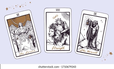 Magic Tarot deck vector background with major arcana: the lovers, strenght, hermit. Occult and fortune telling concept. Vector hand drawn vintage style