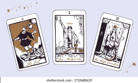 Magic Tarot deck vector background with major arcana: the fool, magician, high priestess. Occult and fortune telling concept. Vector hand drawn vintage style