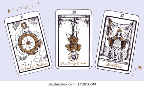 Magic Tarot deck vector background with major arcana. Occult and fortune telling concept. Vector hand drawn vintage style