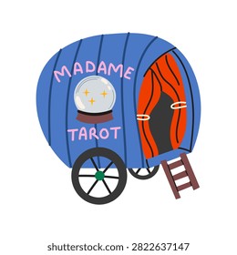 Magic tarot fortune teller wagon with Madame Tarot text and a glowing crystal ball isolated on a white background