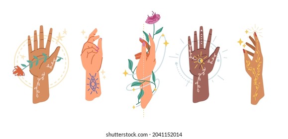 Magic tattoo signs symbols on hands, healing herbs isolated flat cartoon icons. Vector magic palms holding flowers, modern esoteric elements, spiritual mystery witchcraft arms with boho mehndi