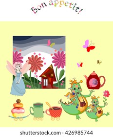 Magic Tea Party. Cute little fairy and happy dragons wish "Bon appetit!", French for good appetite. Vector illustration.