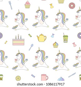 Magic tea vs coffee party cute unicorn Seamless Vector Pattern. Vector background