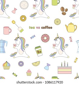 Magic tea vs coffee party cute unicorn Seamless Vector Pattern. Vector background