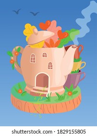 magic teapot house with autumn leaves and beautiful flowers