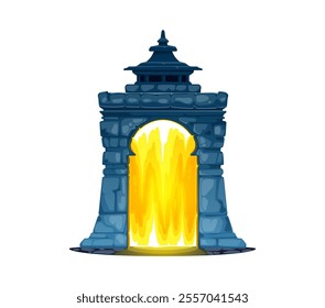 Magic teleport portal, gate and door game asset. Cartoon vector fantasy powerful magical doorway within a stone arch, glowing intensely with fiery yellow energy. Gateway for witchcraft adventure games