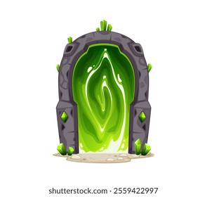 Magic teleport portal, gate and door game asset. Cartoon vector fantasy stone arch doorway with green swirling plasma, surrounded by rugged stones, emits a mystical glow, inviting into magical world