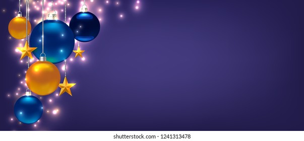 Magic template for Christmas or New Year Card, Flyer, poster, invitation, banner. Promotion or shopping template. Illustration with balls, stars and place for text. Violet Vector background