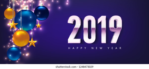 Magic template with greeting - Happy New Year 2019. Template for Card, Flyer, poster, invitation, banner. Promotion or shopping template. Illustration with balls, stars. Violet Vector background