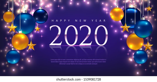 Magic template with greeting Happy New Year 2020. Template for Card, Flyer, poster, invitation, banner. Promotion or shopping template. Illustration with balls, stars. Violet Vector background
