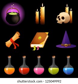 magic theme illustrations or Halloween icons - transparency of flasks with potion and candle light is suitable for dark background. Vector eps file.