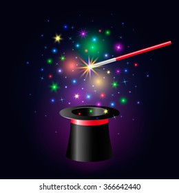 Magic tick hat and wand with magical blue light and stars around it being waved over a glowing magic top hat   flat vector illustration isolate  
