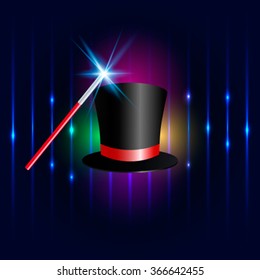 Magic tick hat and wand with magical blue light and stars around it being waved over a glowing magic top hat   flat vector illustration isolate
