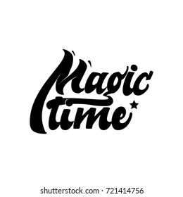 Magic Time. Christmas lettering and calligraphy with decorative design elements. Vector festive card.