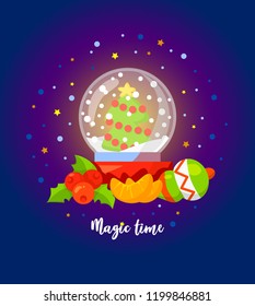 Magic time. Christmas vector illustration with Snow Globe. Cartoon style. eps 10
