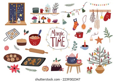 Magic time Christmas winter elements collection isolated on white, Christmas sweets preparation, hot drinks, Christmas tree, seasonal design