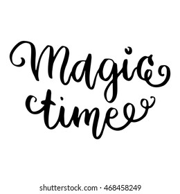 Magic time. Christmas written on white background. Modern calligraphy and hand drawn design elements. Hand painted letters. Christmas greetings. Vector illustration.