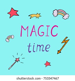 Magic Time. Drawing with magic attributes for children's design.