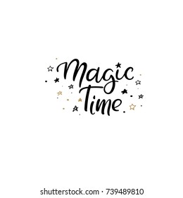 Magic Time Hand Lettering Greeting Card. Vector Illistration. Modern Calligraphy. Handwritten Christmas Decor